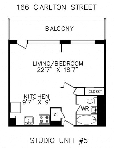 Floor plan for 1 bed, 1 bath, 440 sqft
